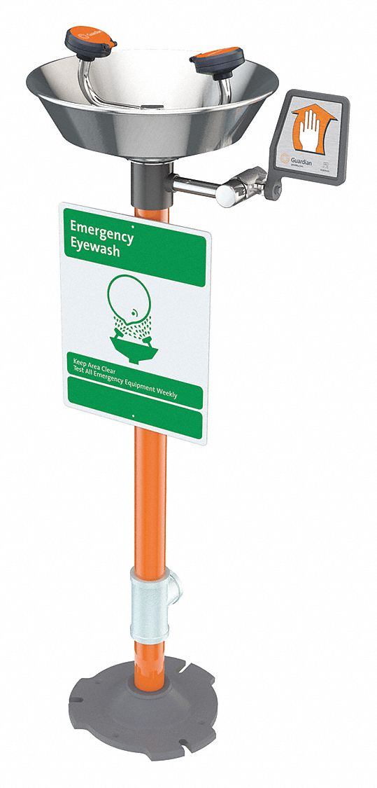 Guardian Equipment G1760 Plumbed Eyewash, Std, Floor Mnt, Eyes and Face Coverage, Uncovered, Push Plate