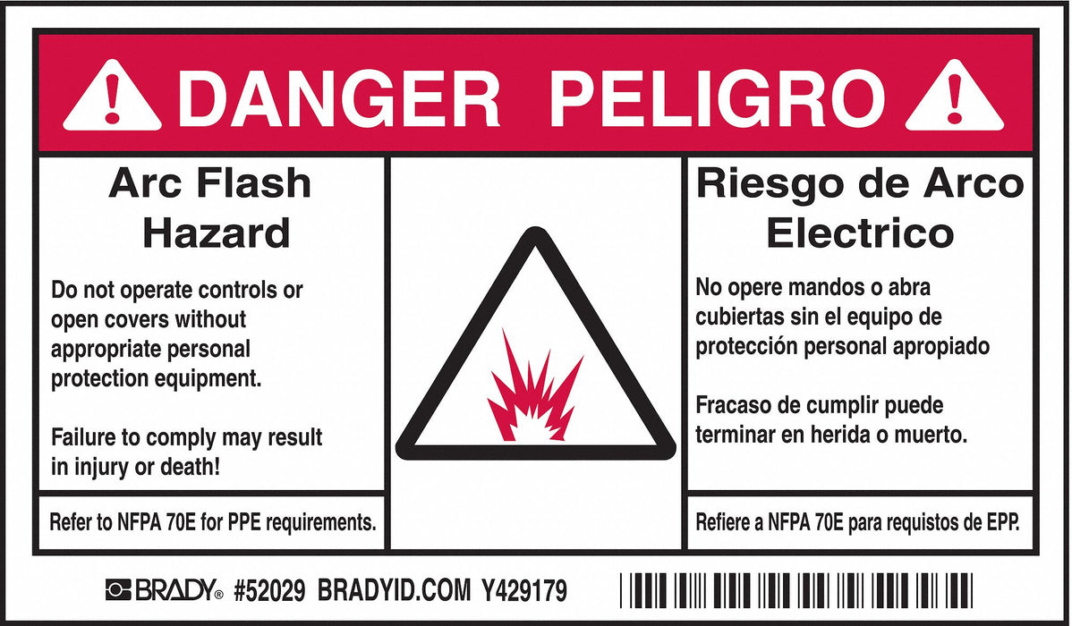 Brady 52029 Arc Flash Protection Label, Polyester, 3-1/2 in x 6 in, Bilingual, PK 100