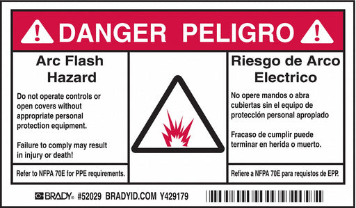 Brady 52029 Arc Flash Protection Label, Polyester, 3-1/2 in x 6 in, Bilingual, PK 100