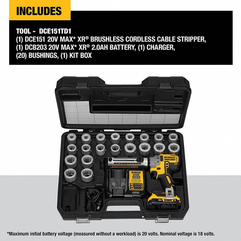 Dewalt DCE151TD1 Cable Stripper Kit: 20V MAX For Aluminum/Copper, 20 Bushings, 900 kcmil Max - KVM Tools Inc.KV54DD25