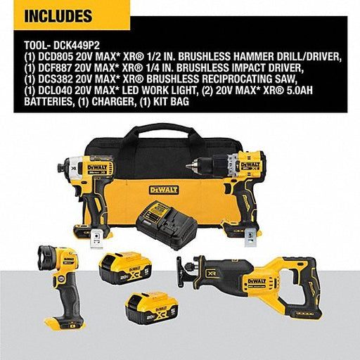 DeWalt DCK449P2 Cordless Tool Combination Kit 4 Tools, 20 V DC Volt, Battery Included, 20V MAX* XR® - KVM Tools Inc.KV807VD9