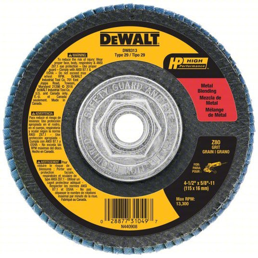 DeWalt DW8313 Flap Disc Type 29, 4 1/2 in x 5/8" - 11, Zirconia Alumina, 80 Grit, Fiberglass Bk, HP - KVM Tools Inc.KV6HD57