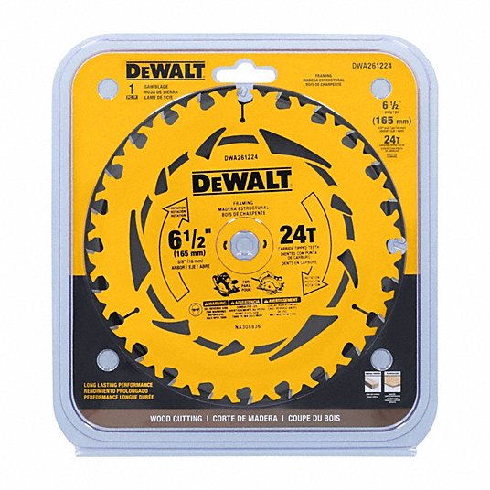 DeWalt DWA261224 Circular Saw Blade 6 1/2 in Blade Dia., 24 Teeth, 0.07 in Cut Wd, 5/8 in Arbor Size, Framing