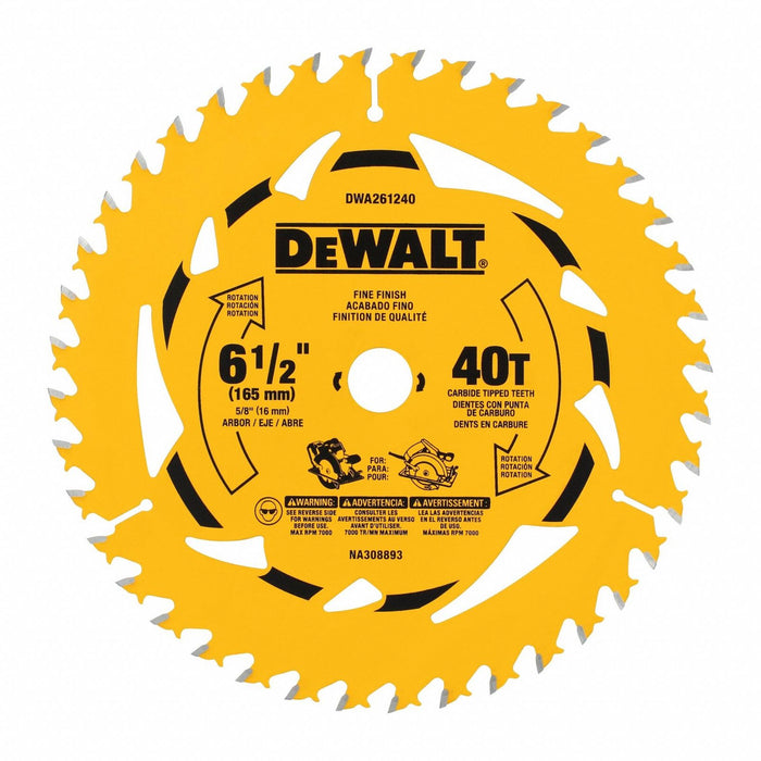 DEWALT DWA261240 Circular Saw Blade, 6 1/2 in Blade Dia., 40 Teeth, 0.07 in Cut Wd, 5/8 in Arbor Size, Carbide