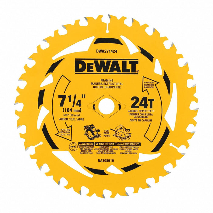 DEWALT DWA271424 Circular Saw Blade, 7 1/4 in Blade Dia., 24 Teeth, 0.08 in Cut Wd, 5/8 in Arbor Size, Framing