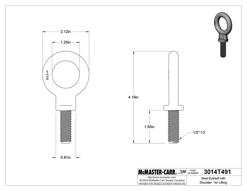 McMaster 3014T491 Machinery Eye Bolt 1/2"-13 Thread Size, 1-1/2" Thread Length