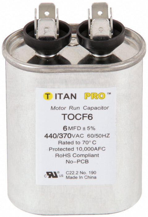 Titan Pro TOCF6 Motor Run Capacitor 6 MFD Oval