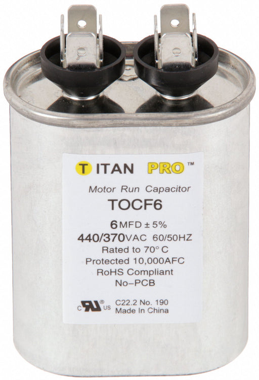 Titan Pro TOCF6 Motor Run Capacitor 6 MFD Oval