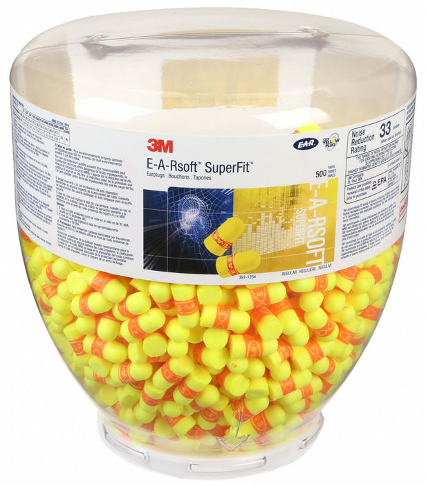 3M 391-1254 Ear Plug Dispenser Refill, Bullet, 33 dB NRR, Uncorded, Roll-Down, Disposable, 500 Pairs