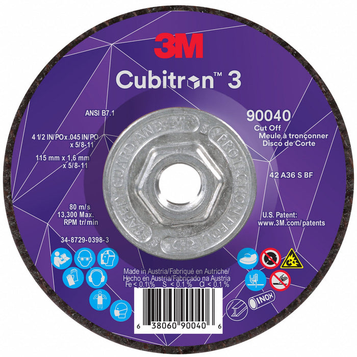 3M Cubitron 3 90040 Cut-Off Wheel, Type 27, 4-1/2 x 0.045 x 5/8-11 in, Ceramic, 36 Grit