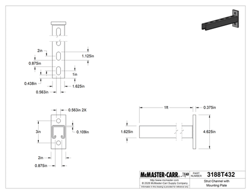McMaster 3188T403 Strut Channel with Mounting Plate, Slotted Hole, Galvanized Steel