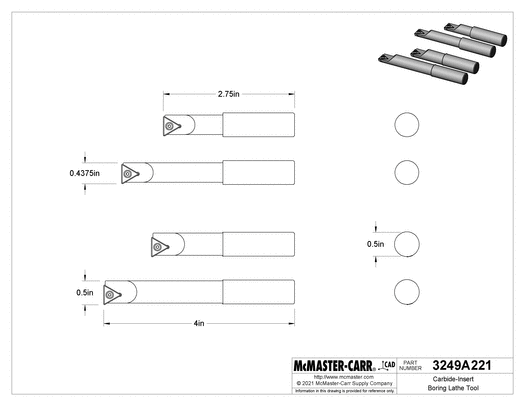 McMaster 3249A221 Carbide-Insert Boring Lathe Tool 1/2" Shank Diameter, 4 Piece Set