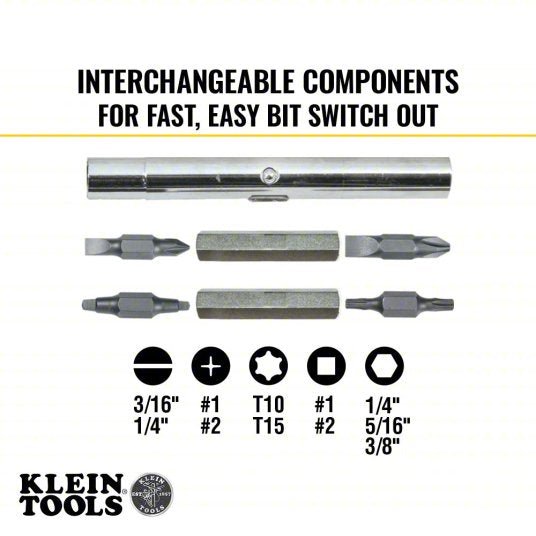Klein 32500 Multi - Bit Screwdriver / Nut Driver, 11 - in - 1, Ph, Sl, Sq, Torx Bits, 6 - Piece, 8 Tips - KVM Tools Inc.KV2RKT1