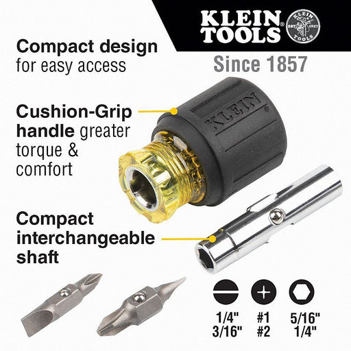 Klein 32561 Multi-Bit Screwdriver: #1/1/4 in/#2/3/16 in/5/16 in Tip Size, 4 Tips, Quick Change - KVM Tools Inc.KV15W145
