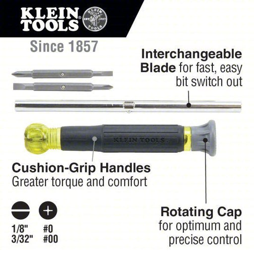 Klein 32581 Multi - Bit Screwdriver #0/#00/1/8 in/5/32 in Tip Size, 4 Tips, 6 1/2 in Overall Lg, ANSI - KVM Tools Inc.KV58UR40