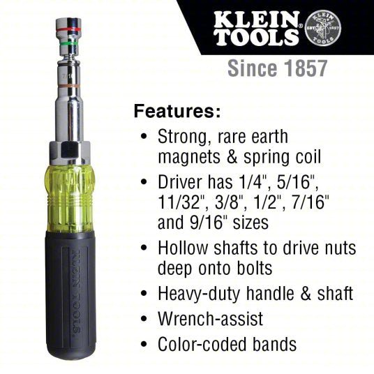 Klein 32807MAG Hollow Round Shank Multi BitNut Driver 9 1/2 in Overall Lg, 4 in Bolt Clearance, SAE - KVM Tools Inc.KV369X63