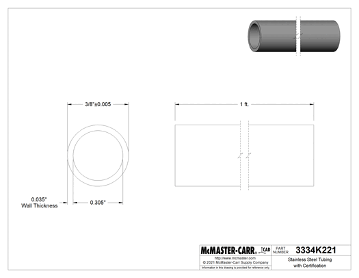 McMaster 3334K221 316L Stainless Steel Tubing with Certification, Ultra-High-Polish, 3/8" OD × 0.035" Wall, 1 ft Long