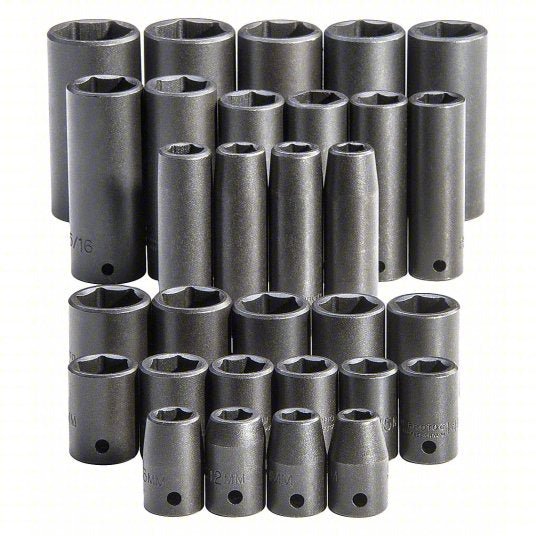 Proto J54215 Impact Socket Set: 1/2 in Drive Size, 30 Pieces, (15) 6 - Point, (15) 6 - Point, Black Oxide - KVM Tools Inc.KV33HE18