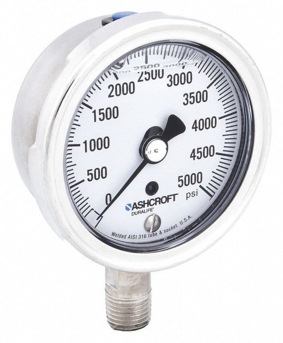 Ashcroft 251009SWL02L5000# Industrial Pressure Gauge 0 psi to 5,000 psi, 2 1/2 in Dial, 1/4 in NPT Male, Bottom, 1009