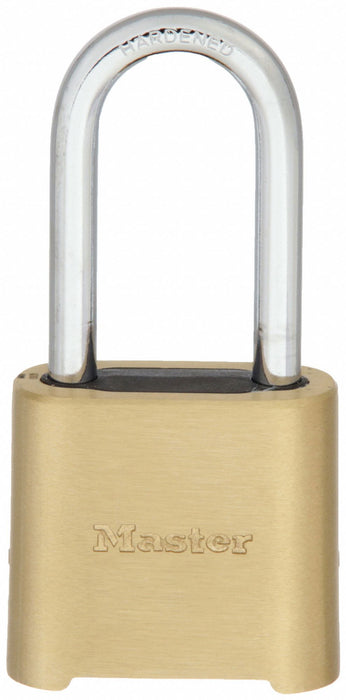 Master Lock 975DLHCOM Combination Padlock, Scrolling Combo, Gold, Brass, Long Shackle, Steel Shackle