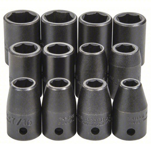 Proto J74242 Impact Socket Set 1/2 in Drive Size, 12 Pieces, 3/8 in to 3/4 in/8 to 19 mm Socket Size Range - KVM Tools Inc.KV33TA29