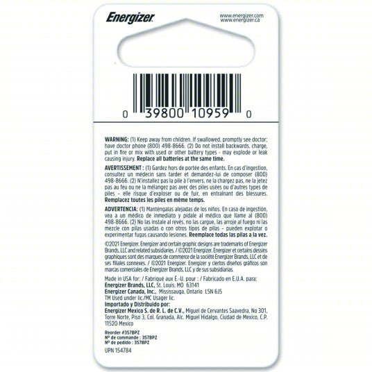 Energizer 357BPZ Button Cell Battery 357 Battery Size, Silver Oxide, 138 mAh Capacity, 1.5V DC - KVM Tools Inc.KV45EJ87