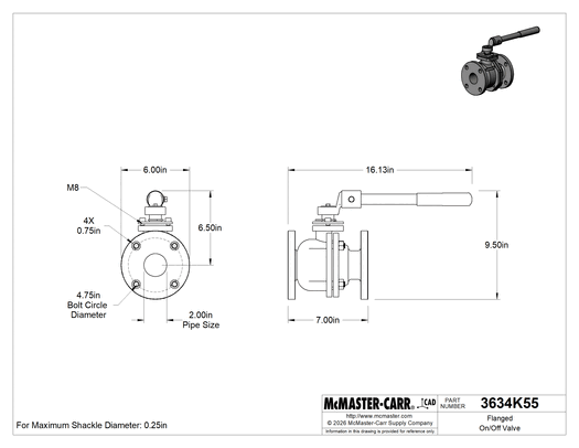 McMaster 3634K55 Flanged On/Off Ball Valve, Cast Iron Body, 2 Pipe Size, Lockable Lever Handle, 200 psi