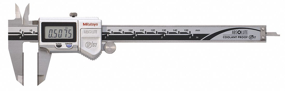 Mitutoyo 500-737-20 Carbide Jaw 4-Way Digital Caliper, 0-6 in / 0-150 mm, IP67, Stainless Steel, Absolute, Cabled SPC