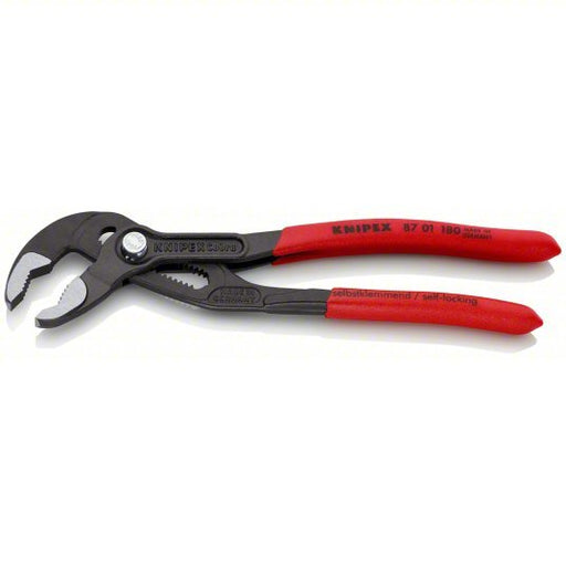 Knipex 87 01 180 Tongue and Groove Plier V, Push Button, 1 1/2 in Max Jaw Opening, 7 1/4 in Overall Lg, Serrated - KVM Tools Inc.KV38GU37
