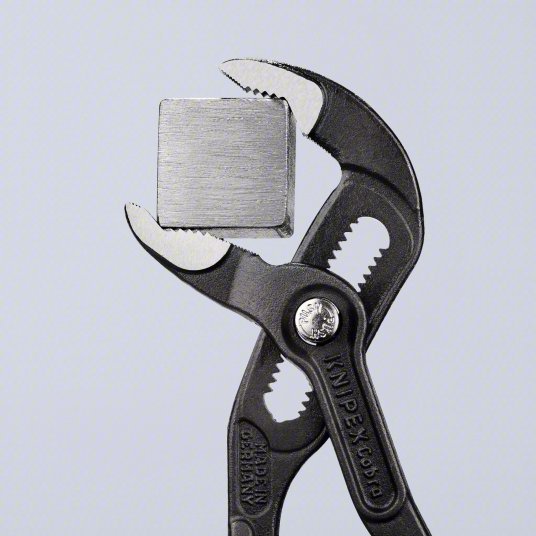 Knipex 87 01 180 Tongue and Groove Plier V, Push Button, 1 1/2 in Max Jaw Opening, 7 1/4 in Overall Lg, Serrated - KVM Tools Inc.KV38GU37