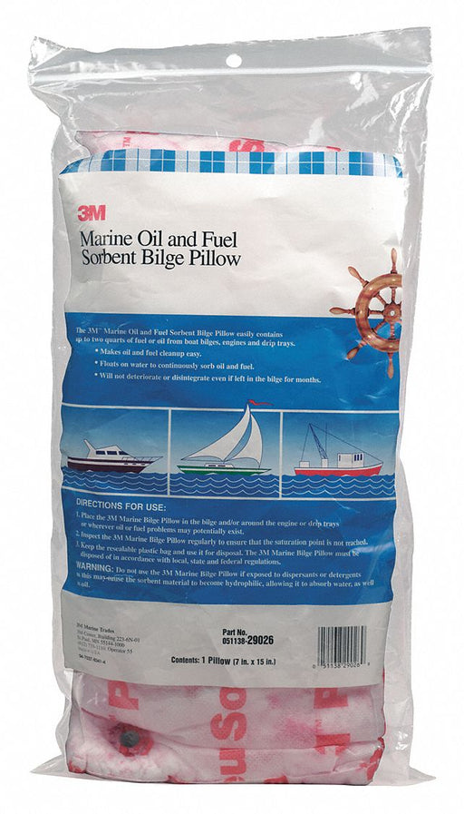 3M 29026 Sorbent Pillow, 15 in x 7 in, Polyester/Polypropylene, White, Box, 16 PK