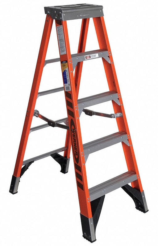 Werner 7405 Stepladder, 5 ft Ladder Size, Fiberglass, 375 lb Load Capacity, 20 lb Wt, 1.8 ft Standing Ht