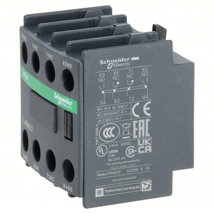 Schneider LADN22 Auxiliary Contact Block 2NO/2NC, 10A Max Current (AC), Front Mount - KVM Tools Inc.KV3DB62