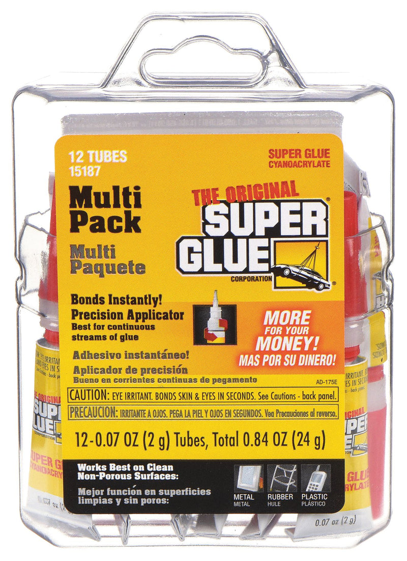 Super Glue 15187 Instant Adhesive, Original, 0.07 fl oz, Tube, Clear, Thin Liquid, 12 PK