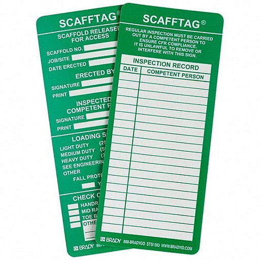 Brady SCAF - STSI593 Tag Maint, 3 3/25 in Wd, 7 5/8 in Ht, Green on White, Rectangle, Polyester, Indoor/Outdoor, 100 PK - KVM Tools Inc.KV3GAL9
