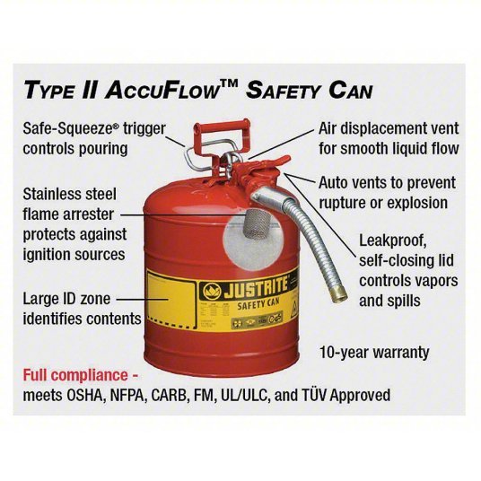 Justrite 7250130 Type II Safety Can: For Use With Flammables, 5 gal Capacity, Includes 1 in OD Flex Hose - KVM Tools Inc.KV3NKT9