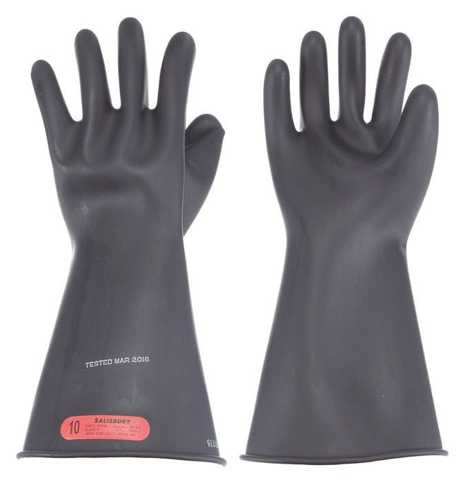 Salisbury E014B/10 Electrical-Insulating Gloves, 1,000V AC, 1,500V DC, 14 in Lg, Black, Size 10, Class 0, 1 PR