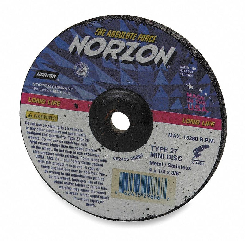 Norton 66252843324 Cut-Off & Grinding Wheel, Type 27, 4 1/2" x 1/8" x 7/8", Ceramic, 24 Grit, NorZon Plus SGZ PK100