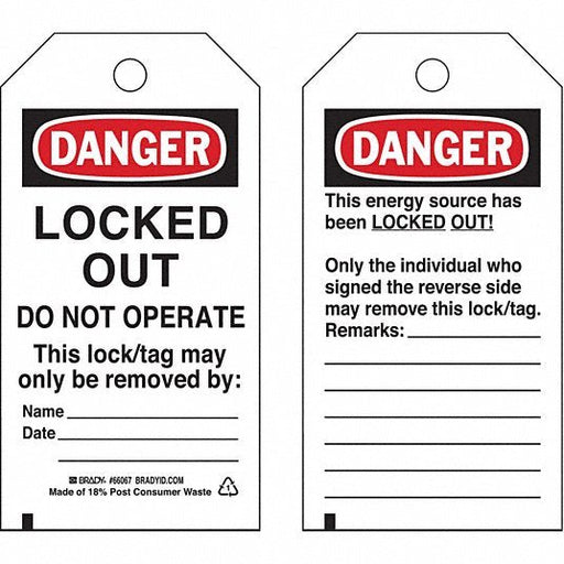 Brady 66067 Danger Tag Danger, Locked Out Device, Polyester, Date/Name/Remarks, Write - On Surface, English PK25 - KVM Tools Inc.KV3VAW3