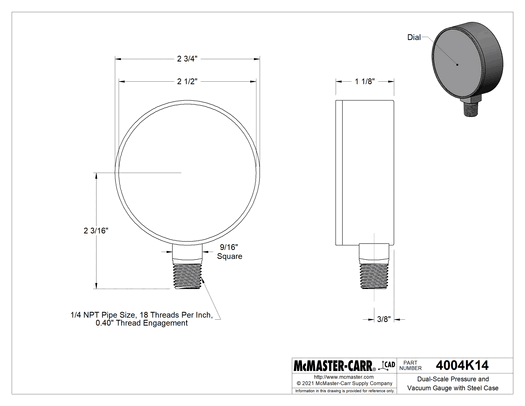 McMaster 4004K63 Dual-Scale Pressure and Vacuum Gauge with Steel Case, 2-1/2" Dial Diameter, 1/4 NPT Bottom Connection, 0–100 psi