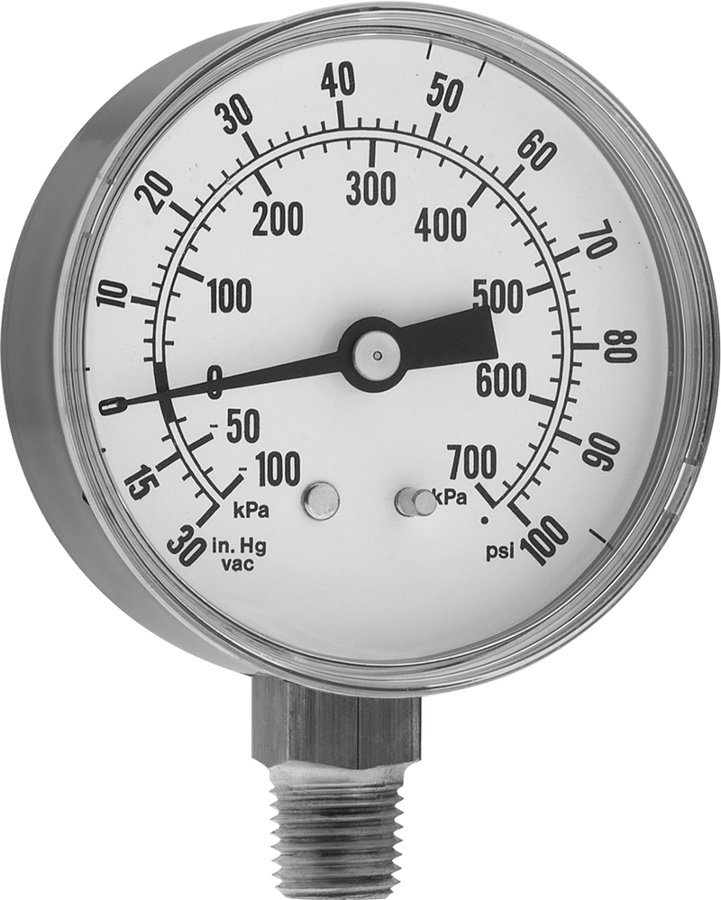 McMaster 4004K63 Dual-Scale Pressure and Vacuum Gauge with Steel Case, 2-1/2" Dial Diameter, 1/4 NPT Bottom Connection, 0–100 psi