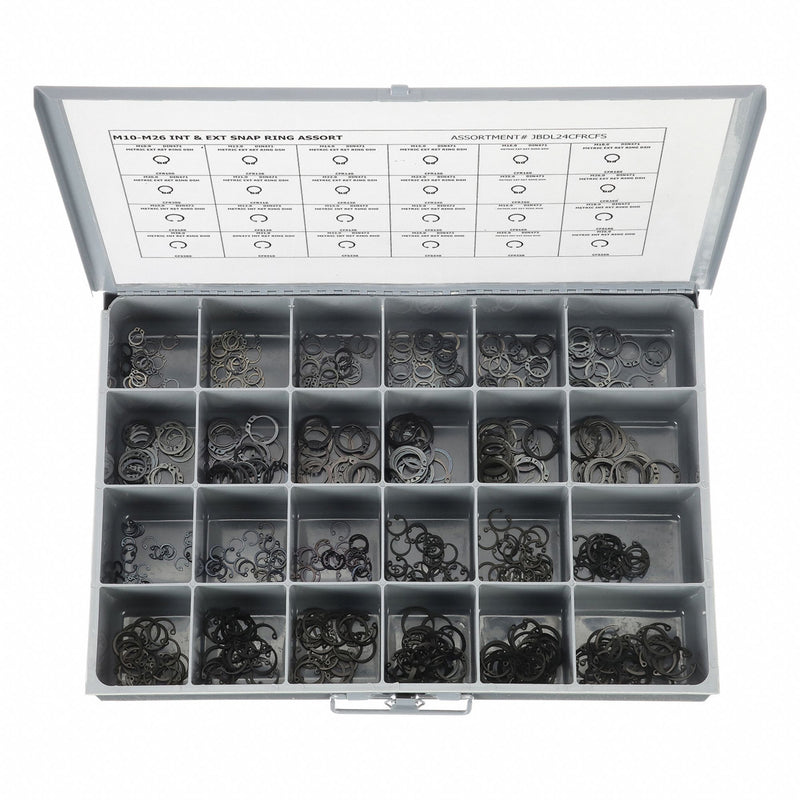 Approved Vendor JBDL24CFRCFS Retaining Ring Assortment, 600 pcs, Metric, Metric, Steel, Black Phosphate, 600 Pieces, 24 # of Sizes