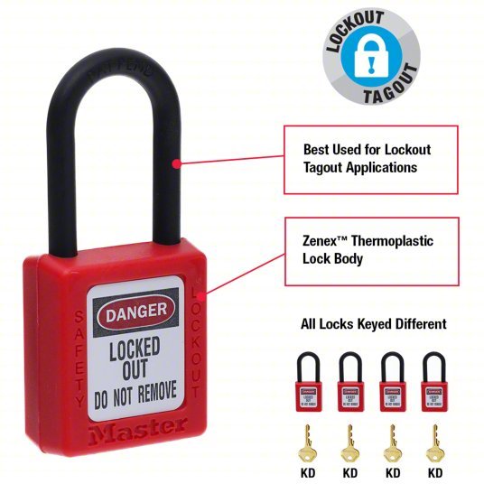 Master Lock 406RED Lockout Padlock Keyed Different, Thermoplastic, Std Body Body Size, Plastic, Red - KVM Tools Inc.KV1TDC9