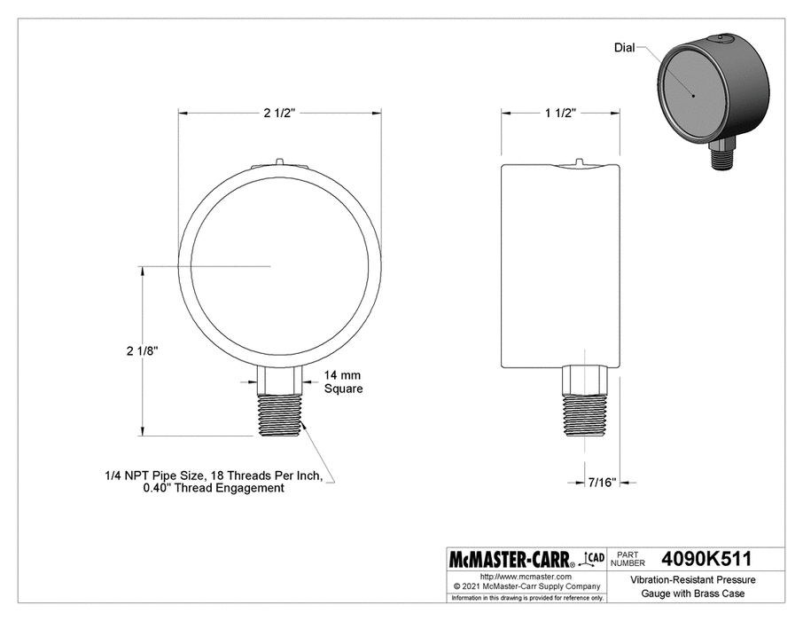 McMaster 4090K15 Gauge, 2-1/2 IN Dial 1/4 IN Bottom Connection 0-3000 PSI Glycerin-Filled Brass Case