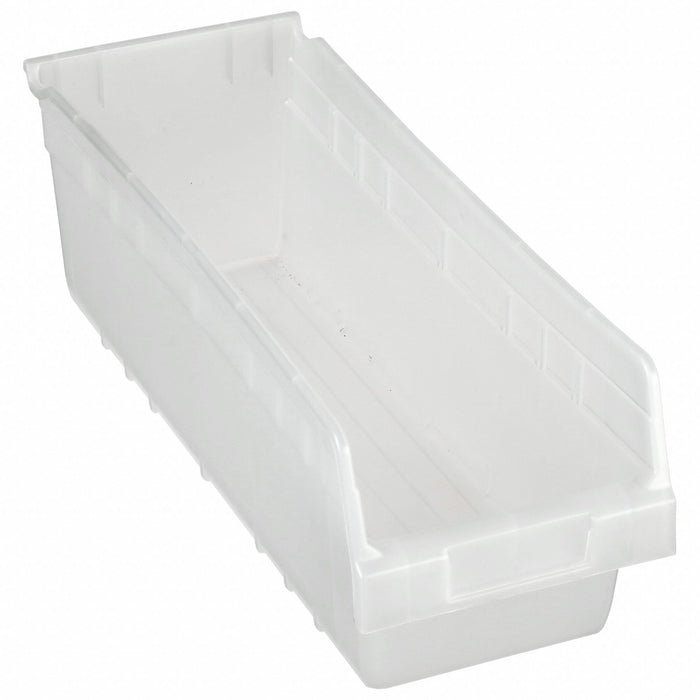 Akro-Mils 30098SCLAR Shelf Bin, 17-7/8 in Overall Lg, 6-5/8 in x 6 in, Clear, Nesting Capable, Not Hangable