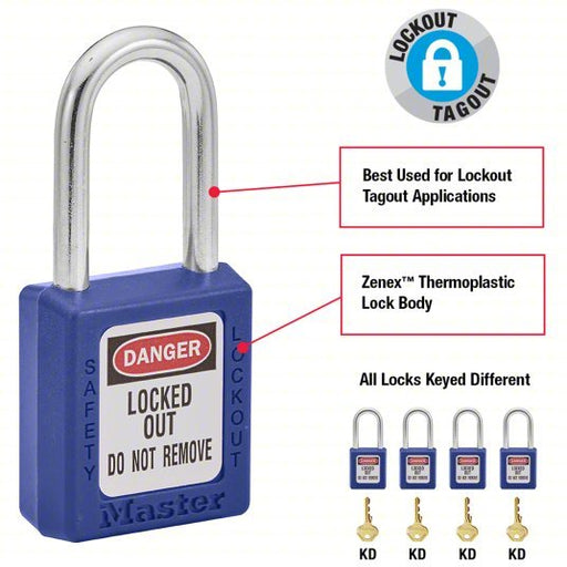 Master Lock 410BLU Lockout Padlock Keyed Different, Thermoplastic, Std Body, Metal, Blue - KVM Tools Inc.KV4FF98