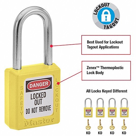 Master Lock 410YLW Lockout Padlock Keyed Different, Thermoplastic, Std Body Body Size, Metal, Yellow - KVM Tools Inc.KV4FG05