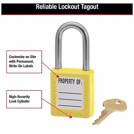 Master Lock 410YLW Lockout Padlock Keyed Different, Thermoplastic, Std Body Body Size, Metal, Yellow - KVM Tools Inc.KV4FG05