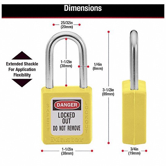 Master Lock 410YLW Lockout Padlock Keyed Different, Thermoplastic, Std Body Body Size, Metal, Yellow - KVM Tools Inc.KV4FG05