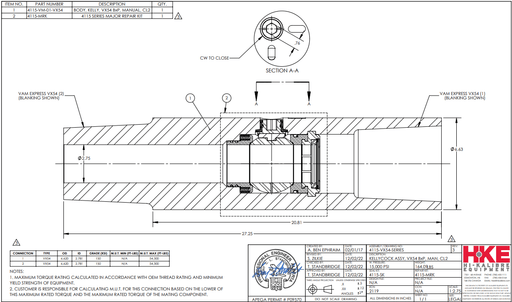 HIKALIBRE 4115 - VX54 - SERIES Valve, Kelly, 6.63 OD, 2.75 ID - KVM Tools Inc.KV4115 - VX54 - SERIES